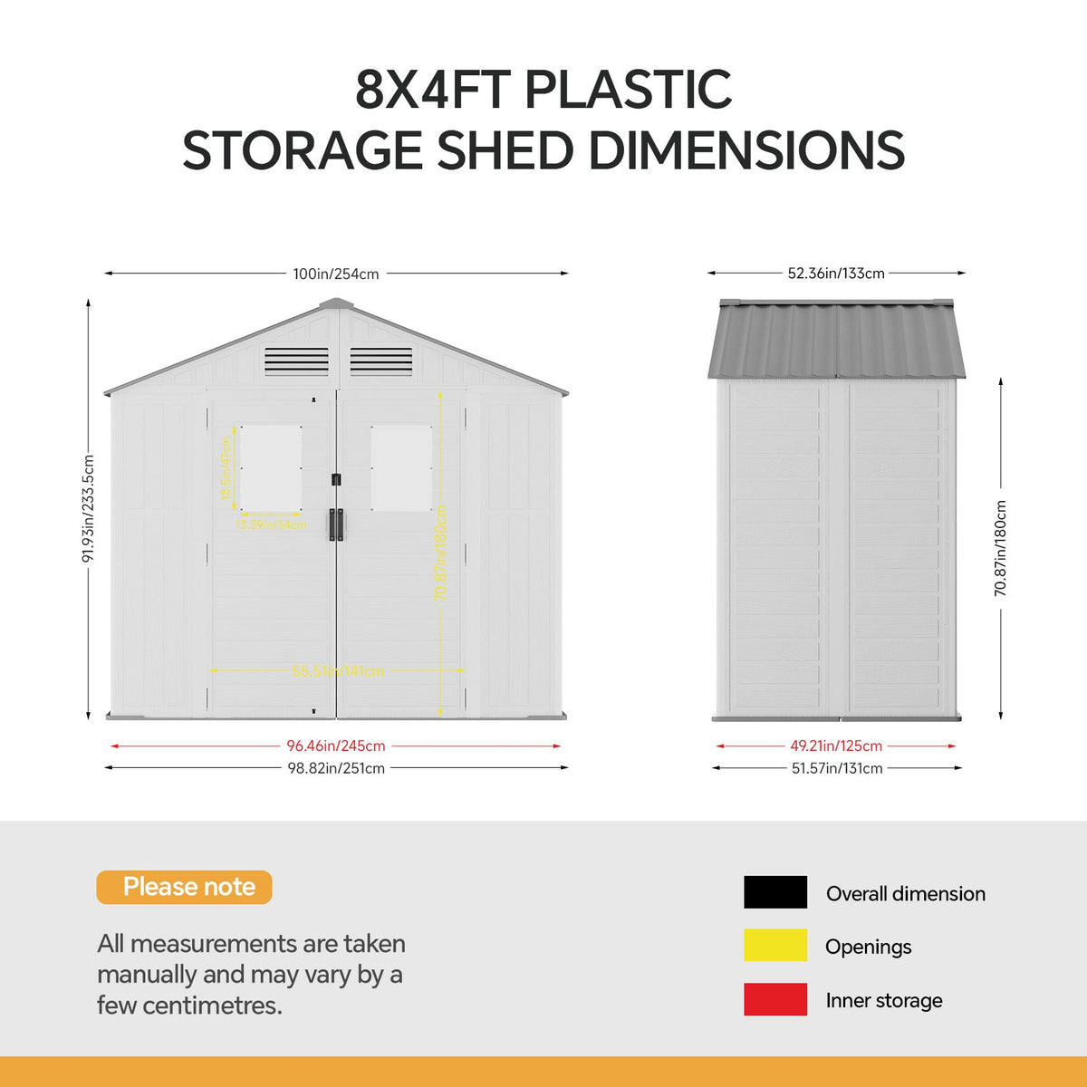 8 x 4 ft Plastic Garden Storage Shed with Apex Roof & Double Doors