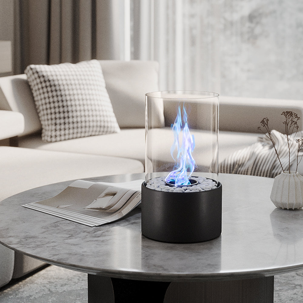 Round Freestanding Tabletop Ventless Ethanol Fireplace with Glass Screen