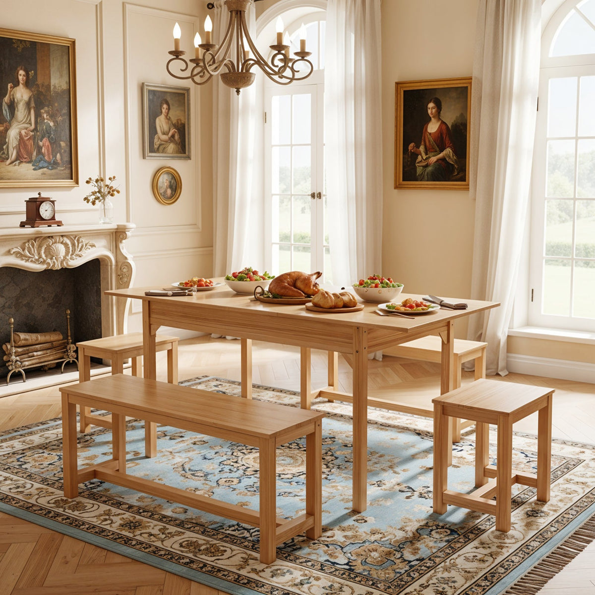 Extendable Wooden Dining Table and Chair Set