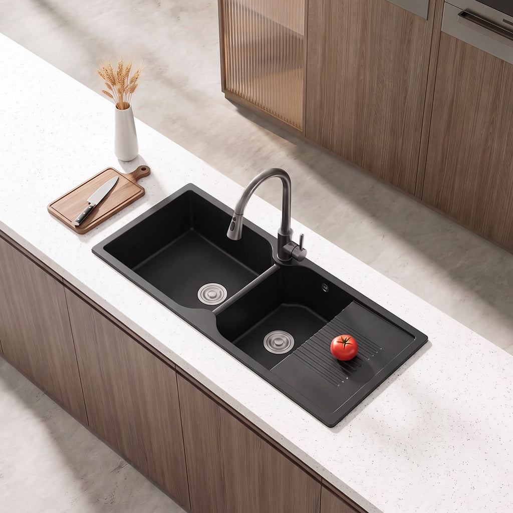 Double Bowl Quartz Resin Composite Kitchen Sink with Waste Kit