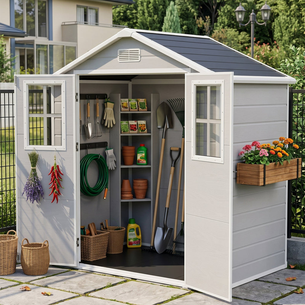 6 x 4 ft Plastic Garden Shed with Apex Roof & Lockable Double Doors