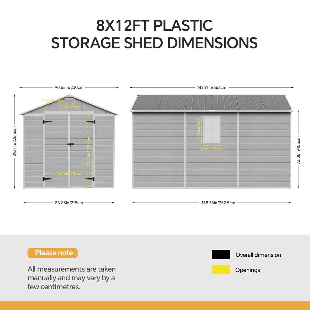 8 x 12 ft Aluminium-Framed Plastic Garden Storage Shed with Apex Roof