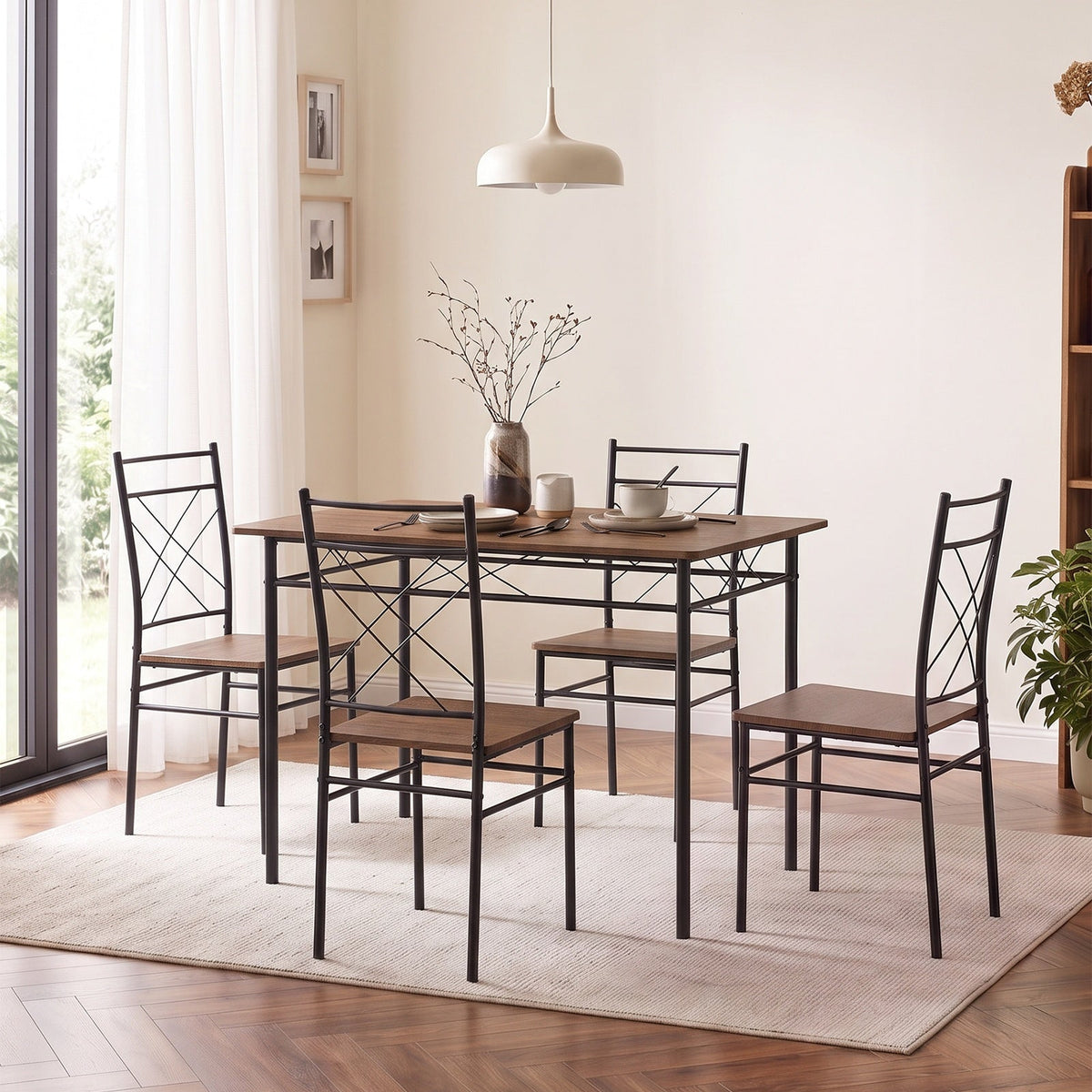 Oak & Black Dining Table Set with 4 Chairs