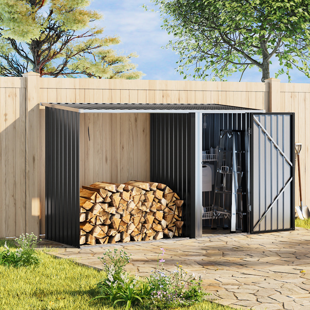 Steel Garden Storage Shed with Integrated Log Store & Pent Roof