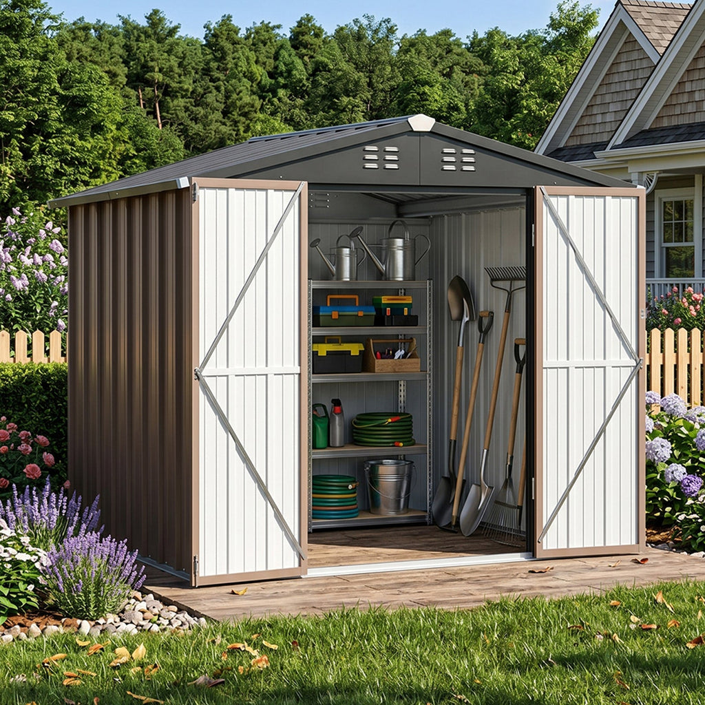 8 x 6 ft Metal Garden Storage Shed with Apex Roof & Lockable Double Doors