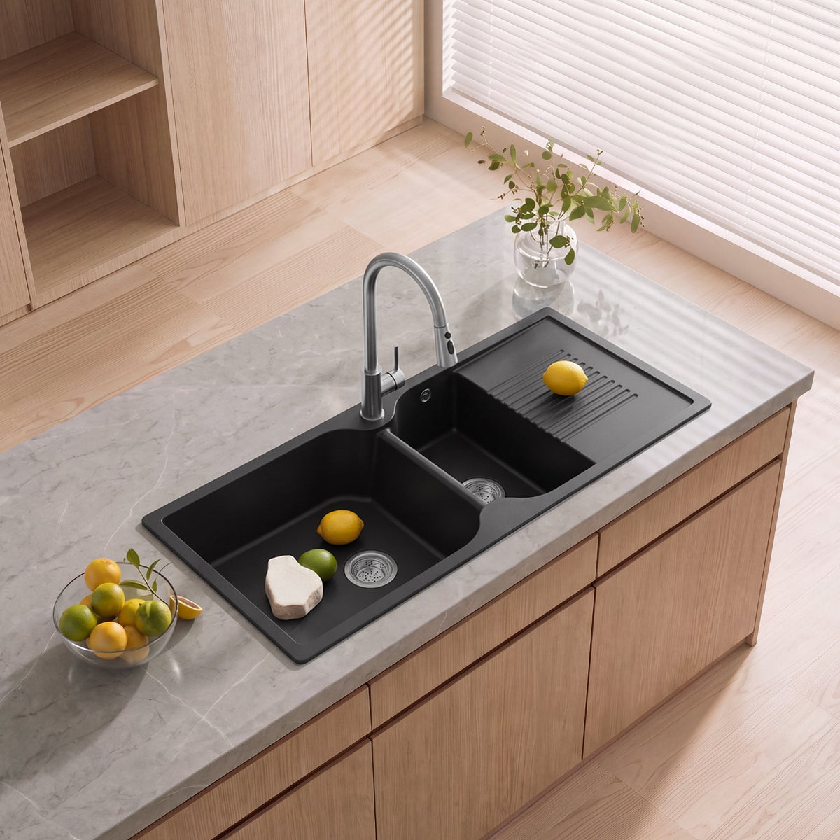 Double Bowl Quartz Resin Composite Kitchen Sink with Waste Kit