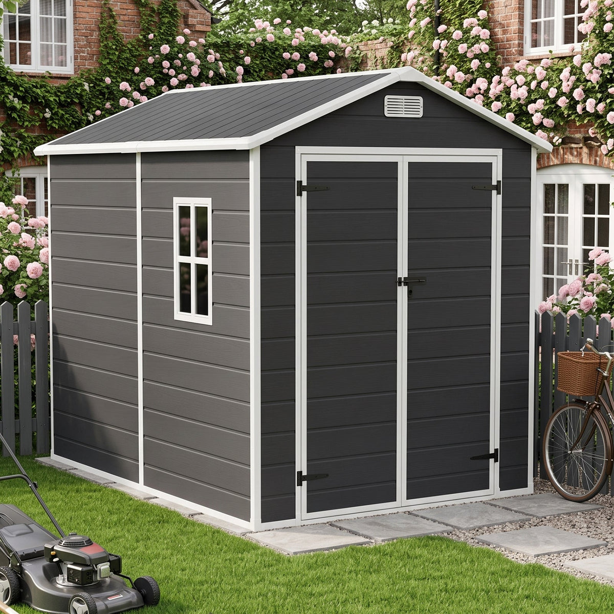 6 x 8 ft Plastic Garden Storage Shed with Apex Roof & Lockable Double Doors
