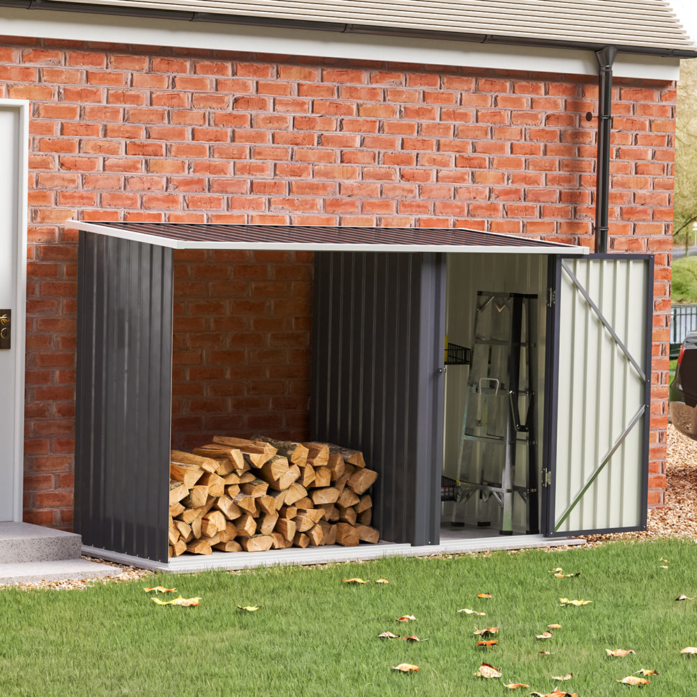 Steel Garden Storage Shed with Integrated Log Store & Pent Roof