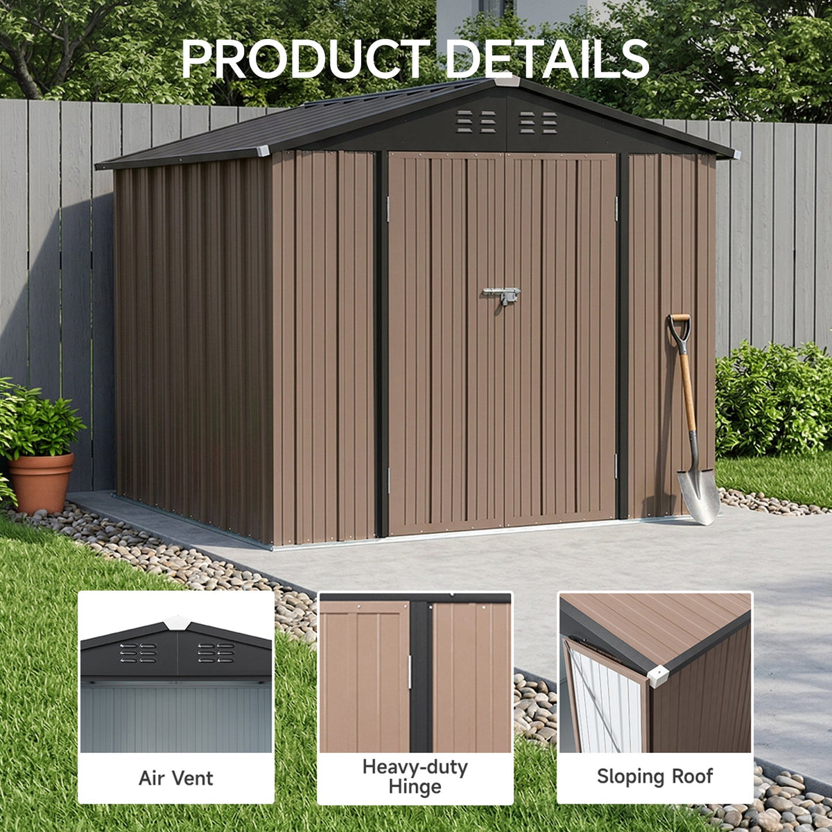 8 x 6 ft Metal Garden Storage Shed with Apex Roof & Lockable Double Doors