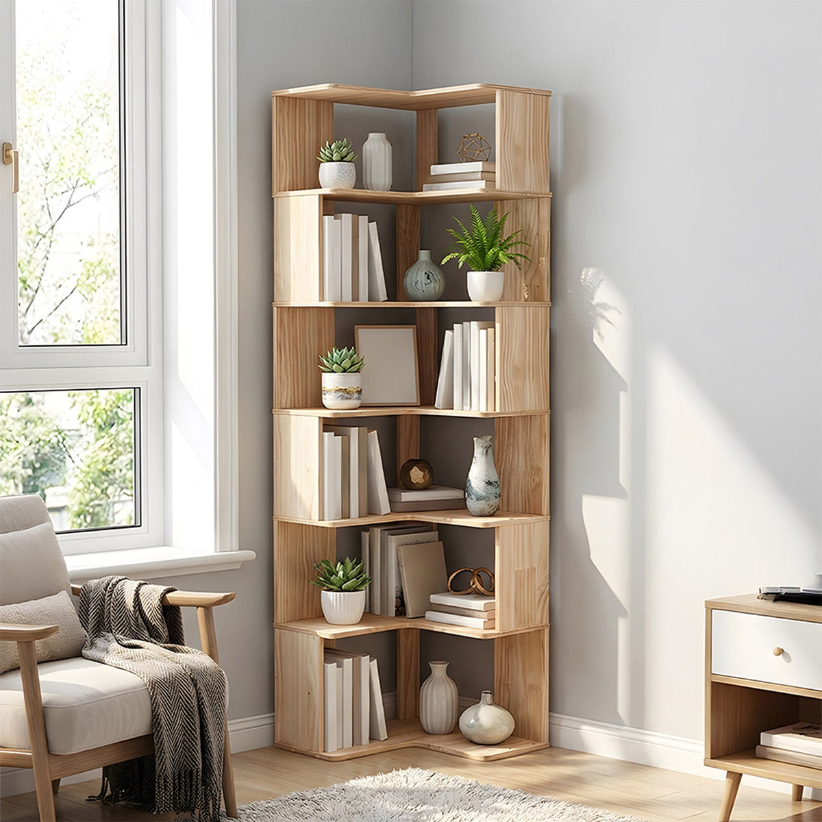 Wooden L-shaped Corner Bookshelf Storage Rack