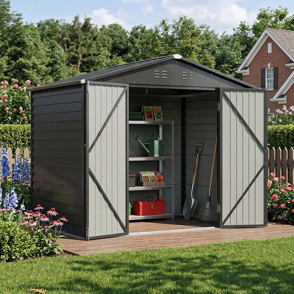 8 x 6 ft Metal Garden Storage Shed with Apex Roof & Double Doors