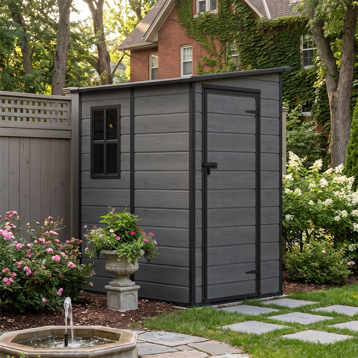 4 x 5 ft Plastic Garden Storage Shed with Pent Roof & Lockable Door