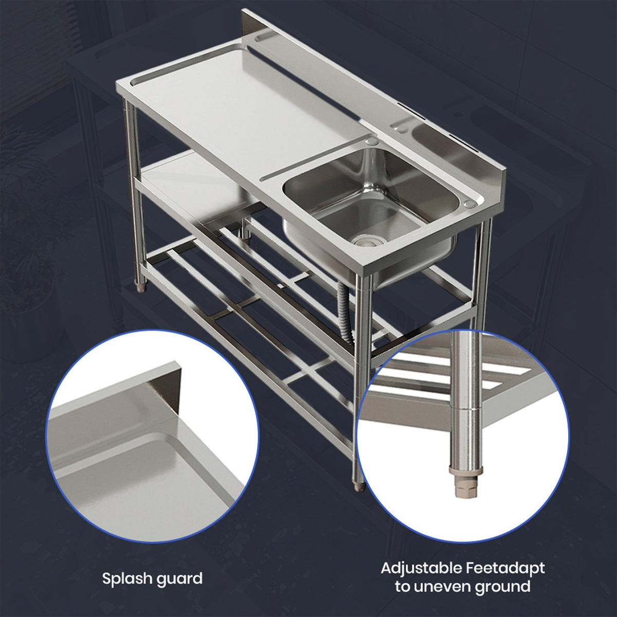 Stainless Steel One Compartment Sink with Shelves