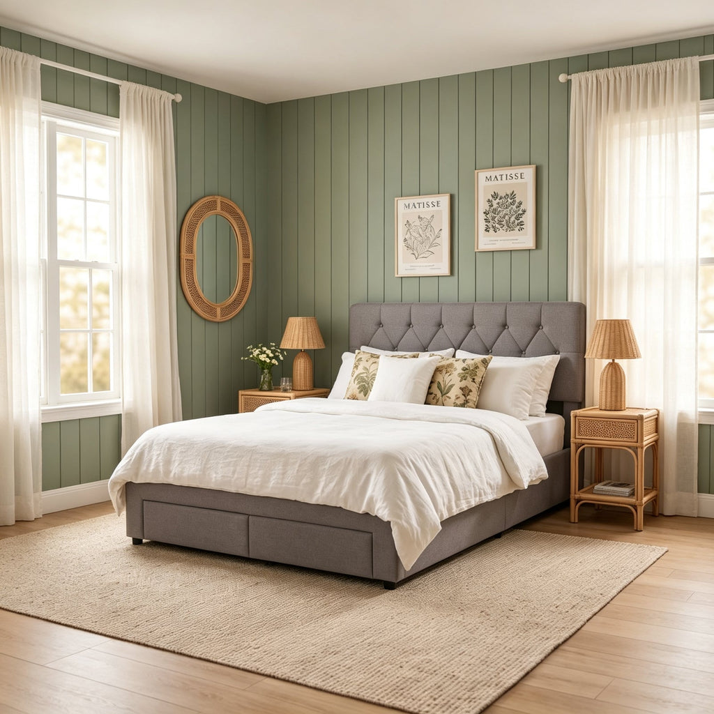 Double Upholstered Bed Frame with 2 Drawers