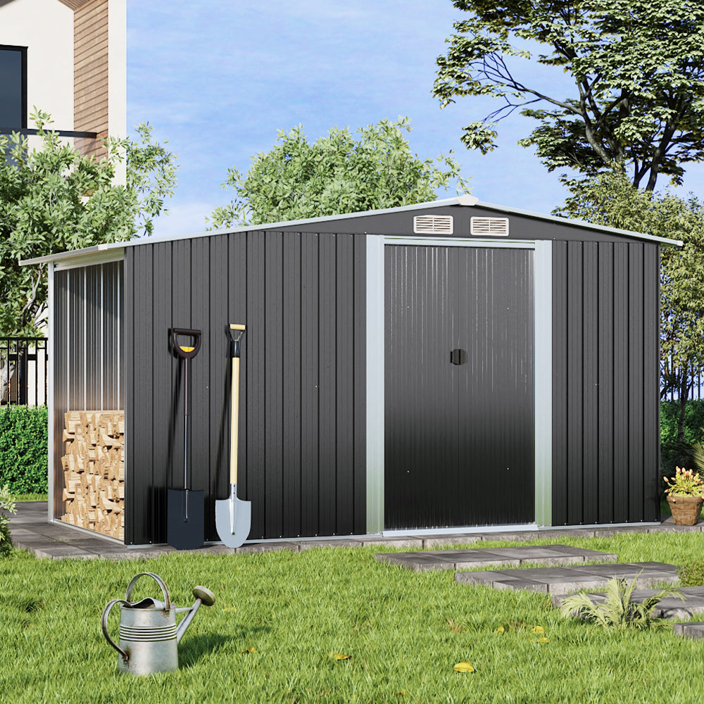 Metal Garden Storage Shed with Apex Roof & Integrated Log Store