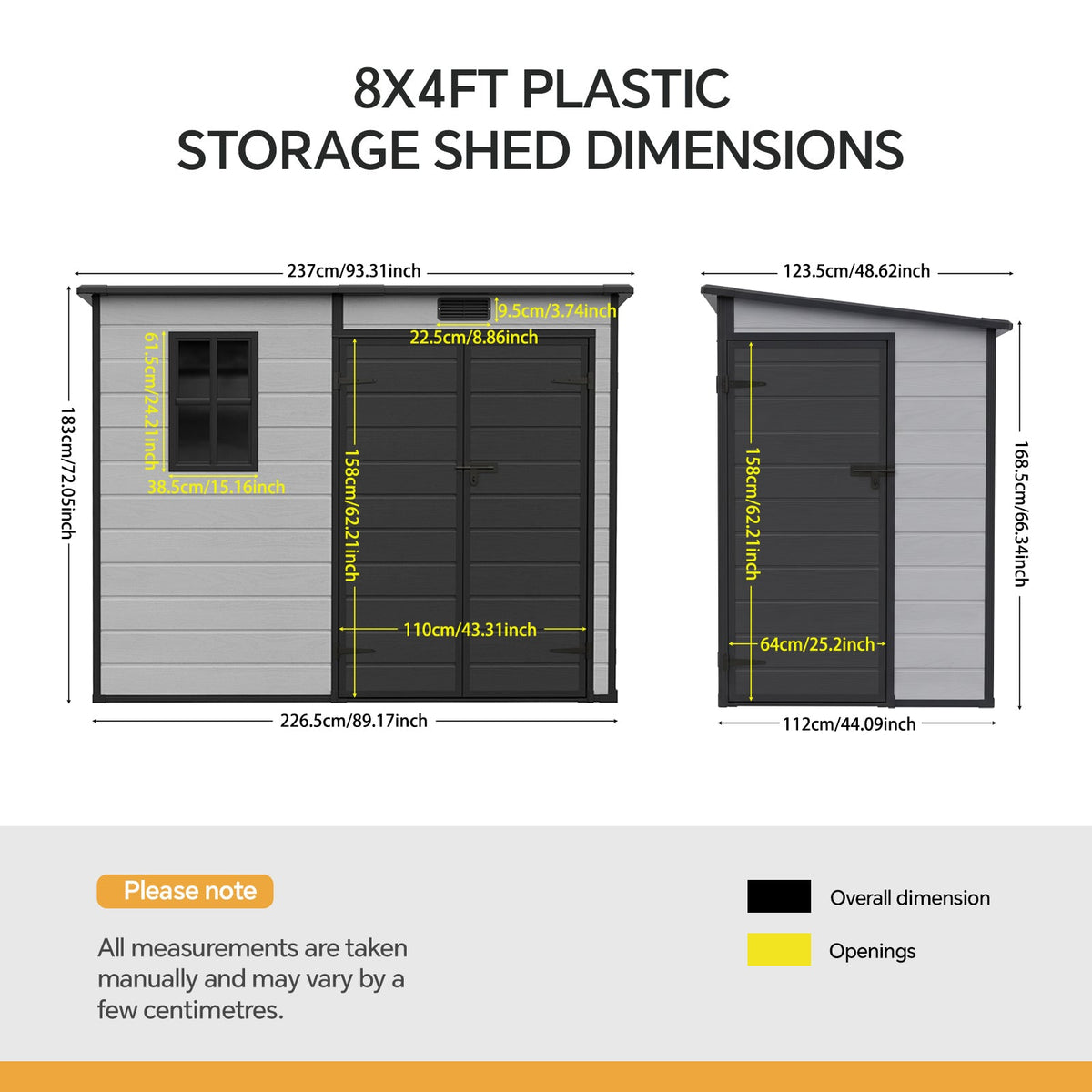 4 x 8 ft Plastic Garden Storage Shed with Pent Roof & Lockable Door
