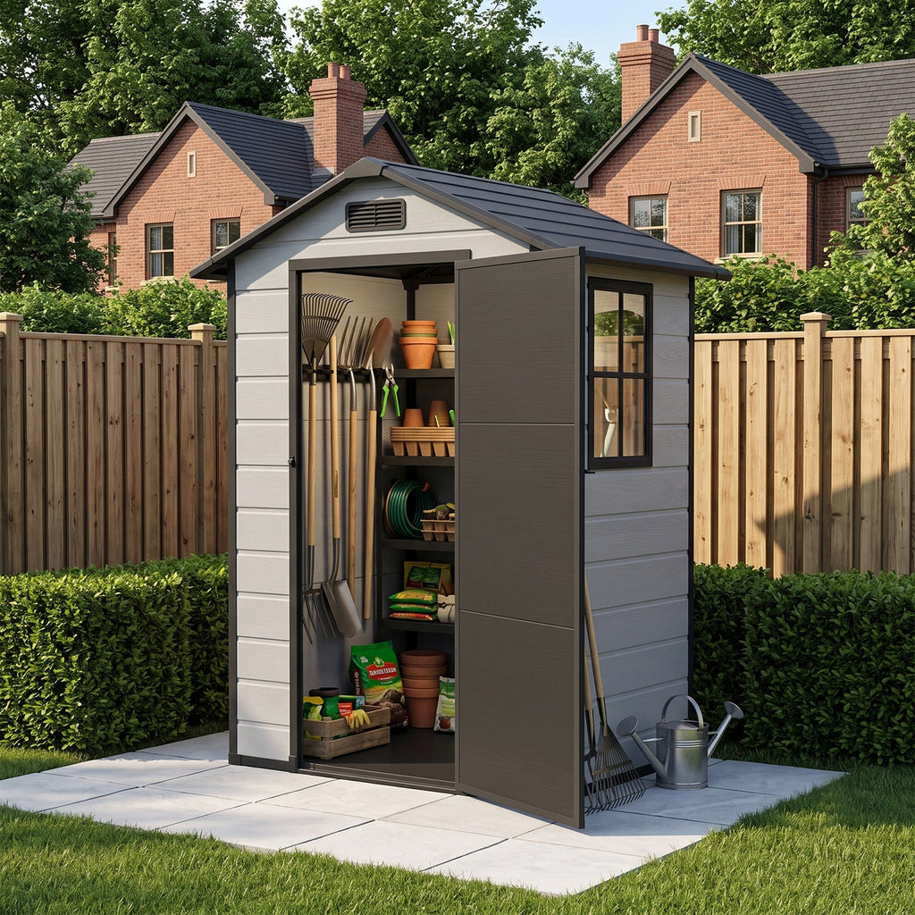 4.4 x 3.4 ft Plastic Garden Storage Shed with Apex Roof & Lockable Hinged Door