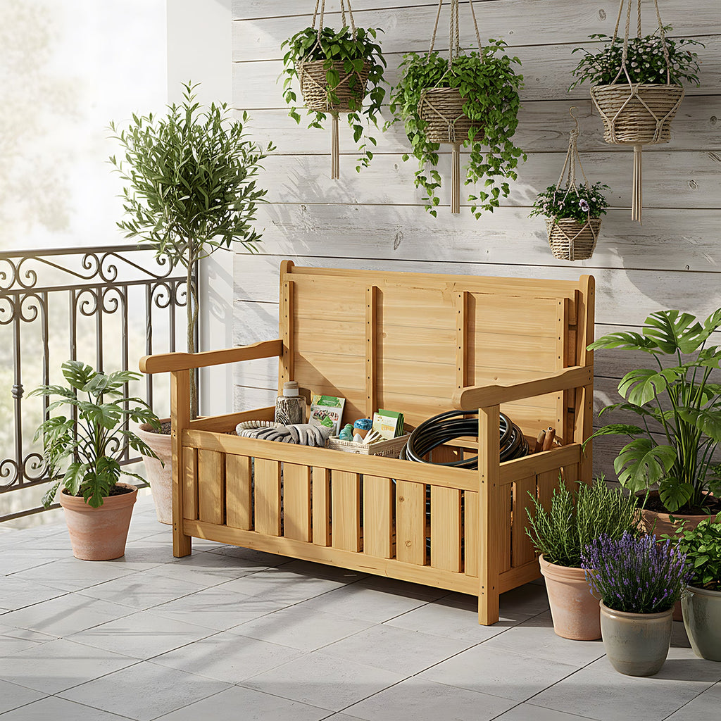 Outdoor Wooden Storage Bench with Backrest