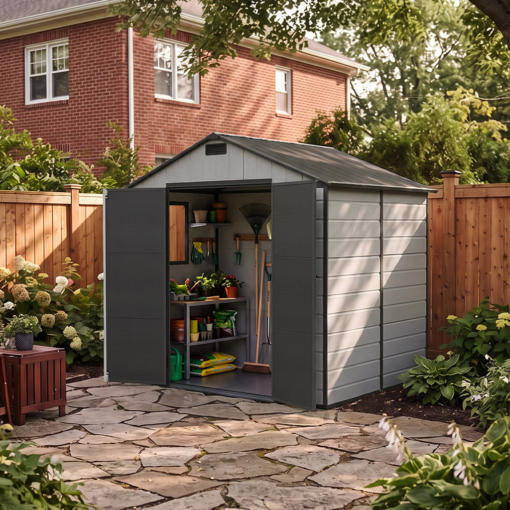 8 x 6 ft Plastic Garden Storage Shed with Apex Roof & Double Doors