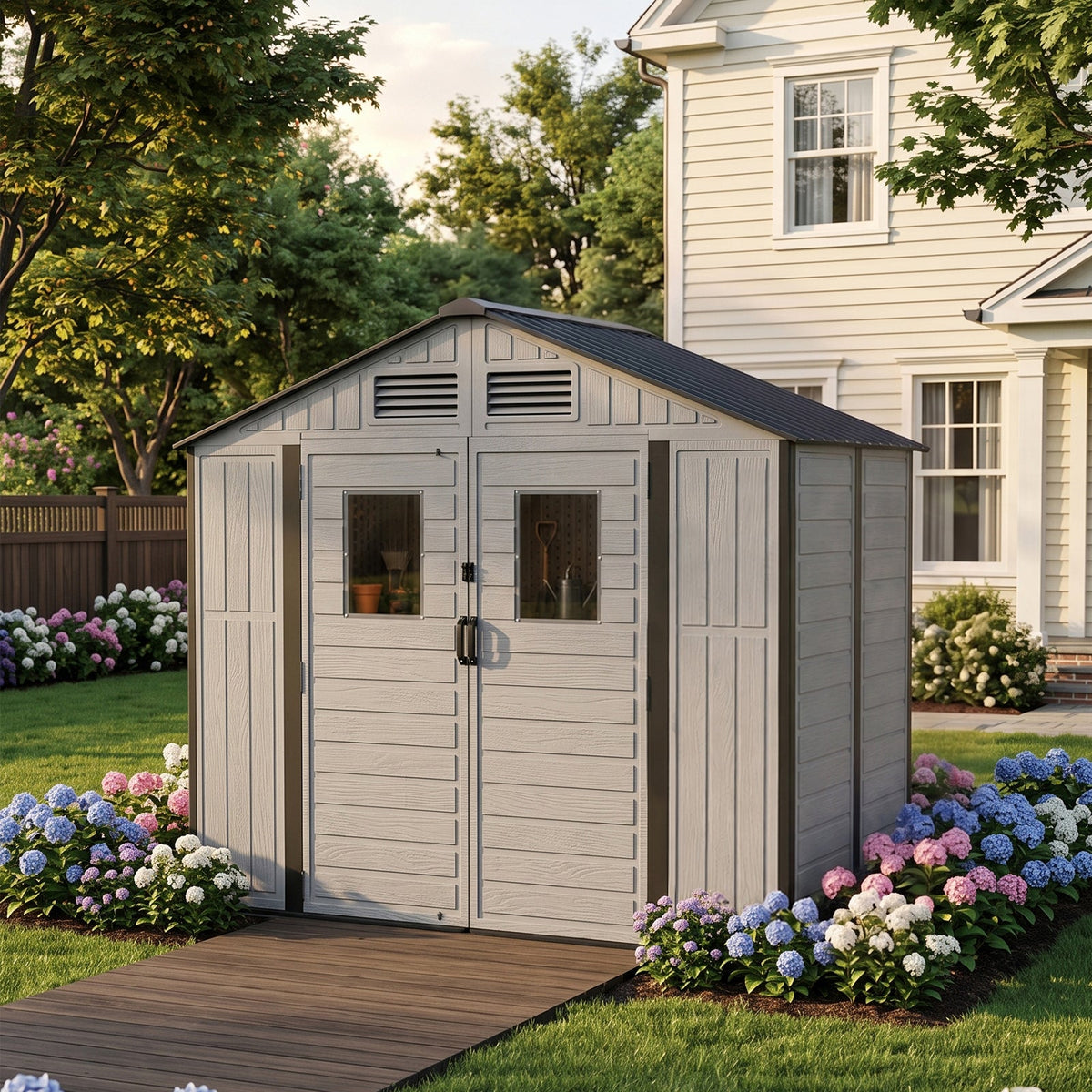 8 x 4 ft Plastic Garden Storage Shed with Apex Roof & Double Doors