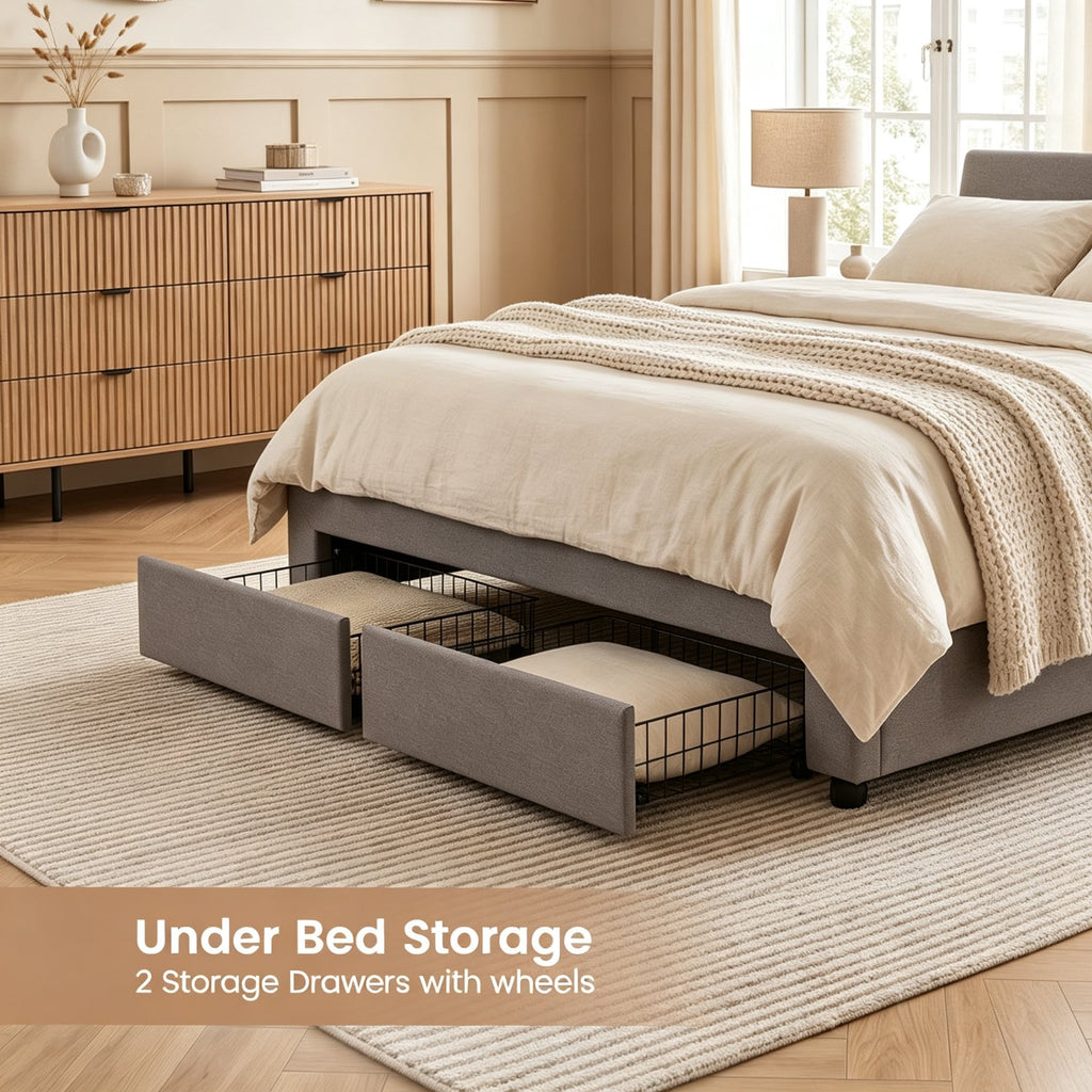 Double Upholstered Bed Frame with 2 Drawers