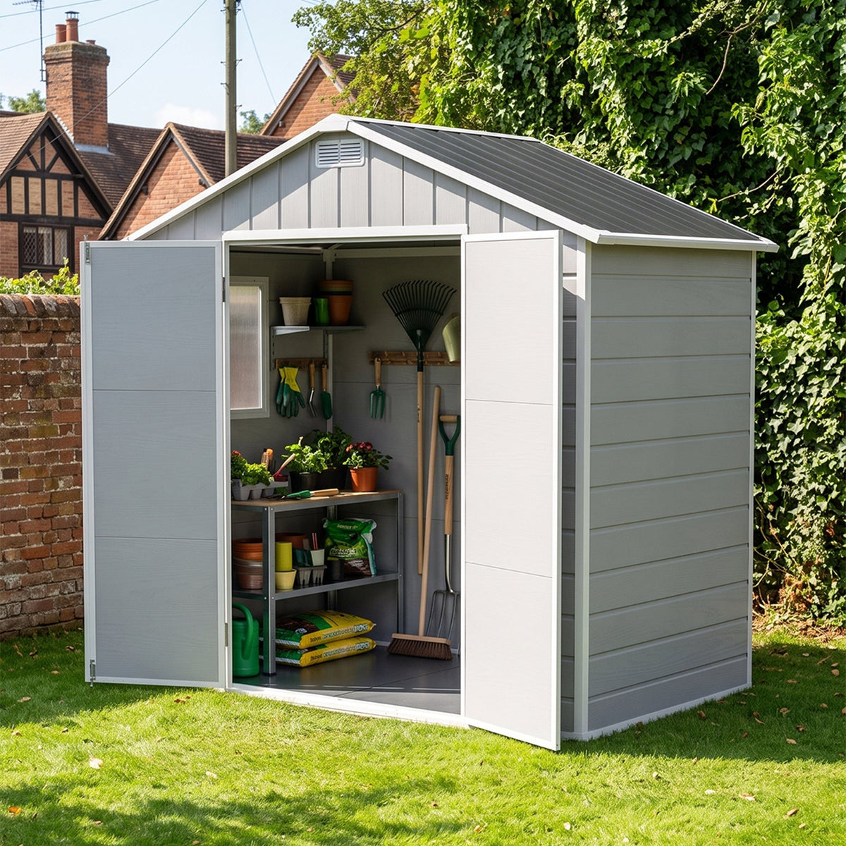 8 x 4 ft Plastic Garden Storage Shed with Apex Roof & Lockable Double Doors