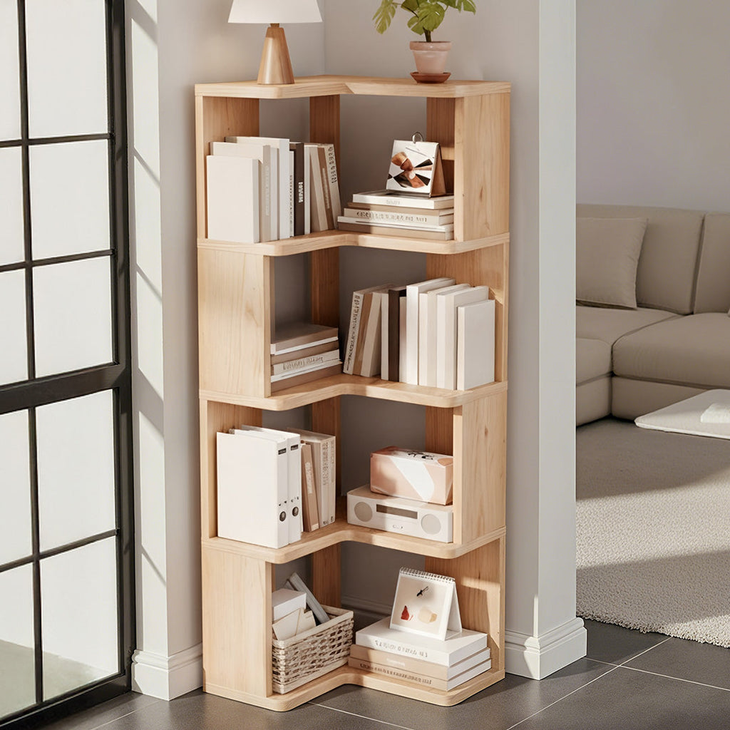 Wooden L-shaped Corner Bookshelf Storage Rack