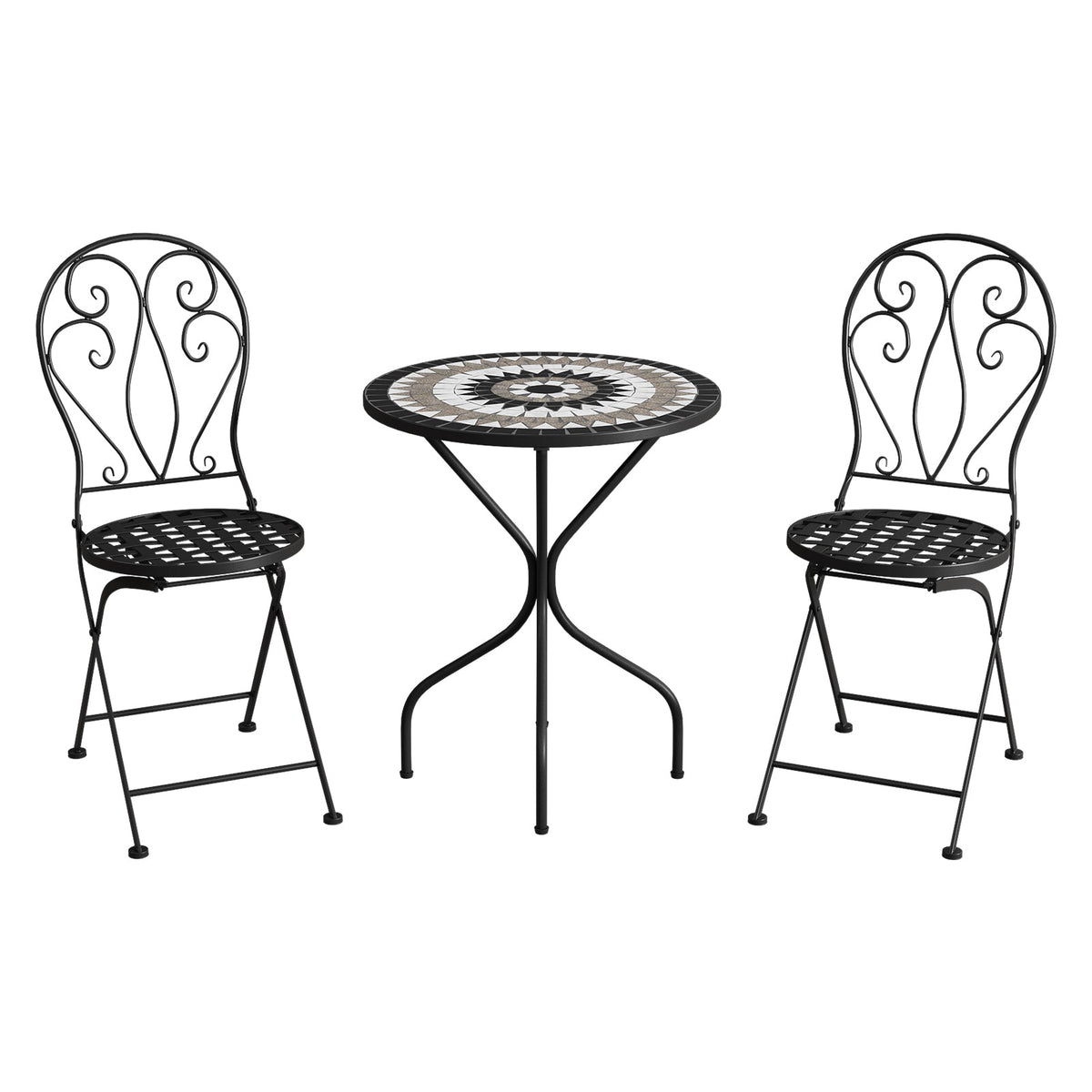 3 Piece Black Aluminium Garden Bistro Set with Mosaic Table Top