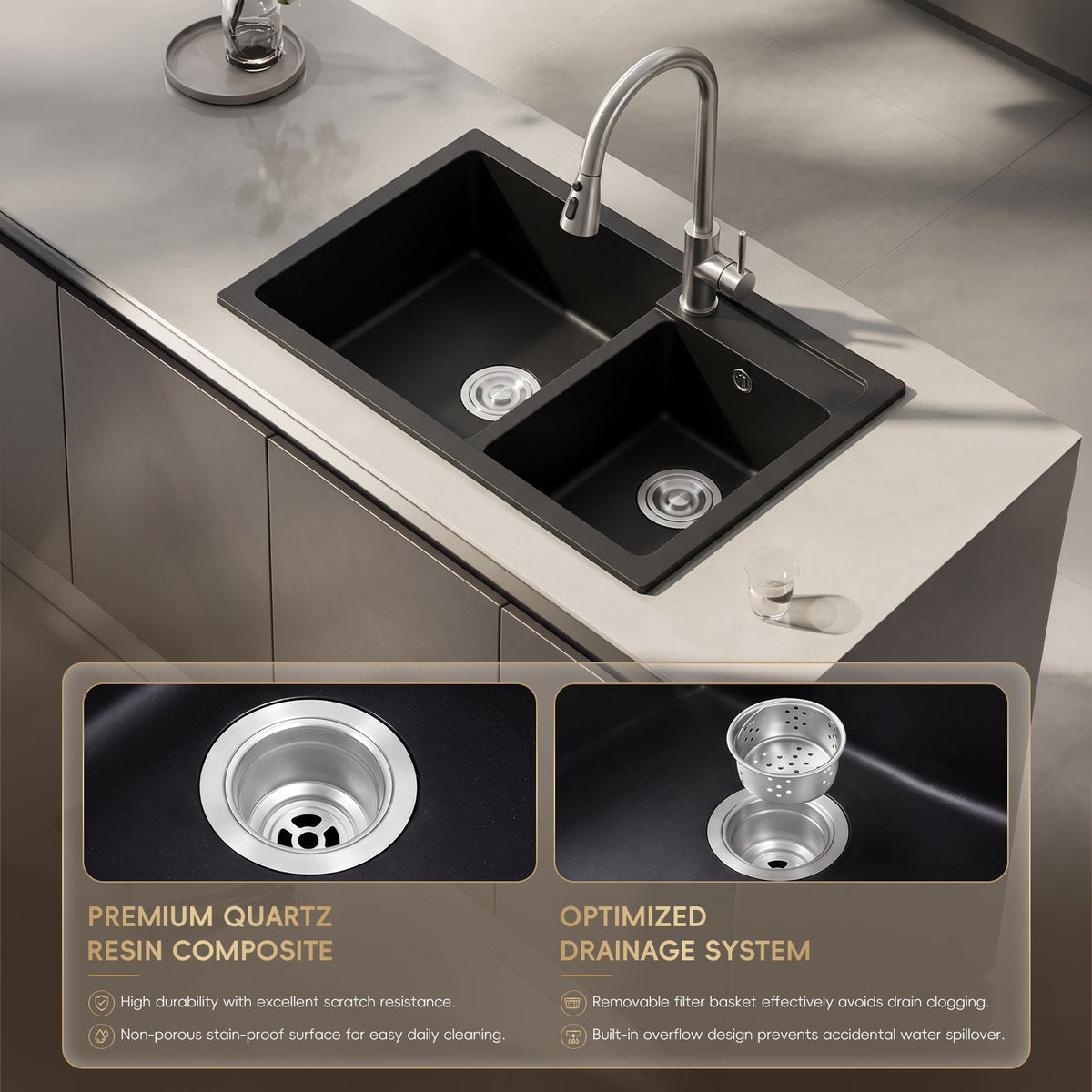 Modern Quartz Resin Composite Kitchen Sink with Waste Kit