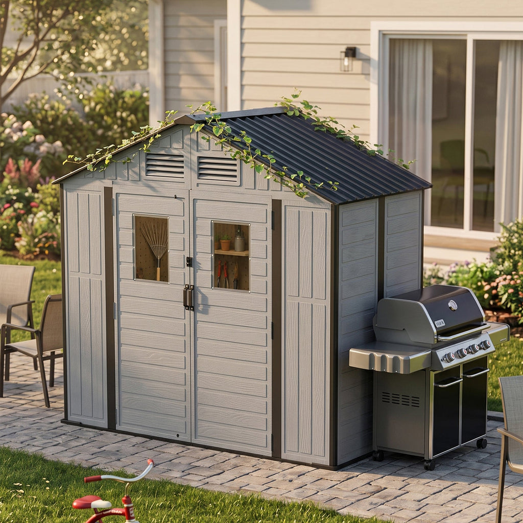 8 x 4 ft Plastic Garden Storage Shed with Apex Roof & Double Doors