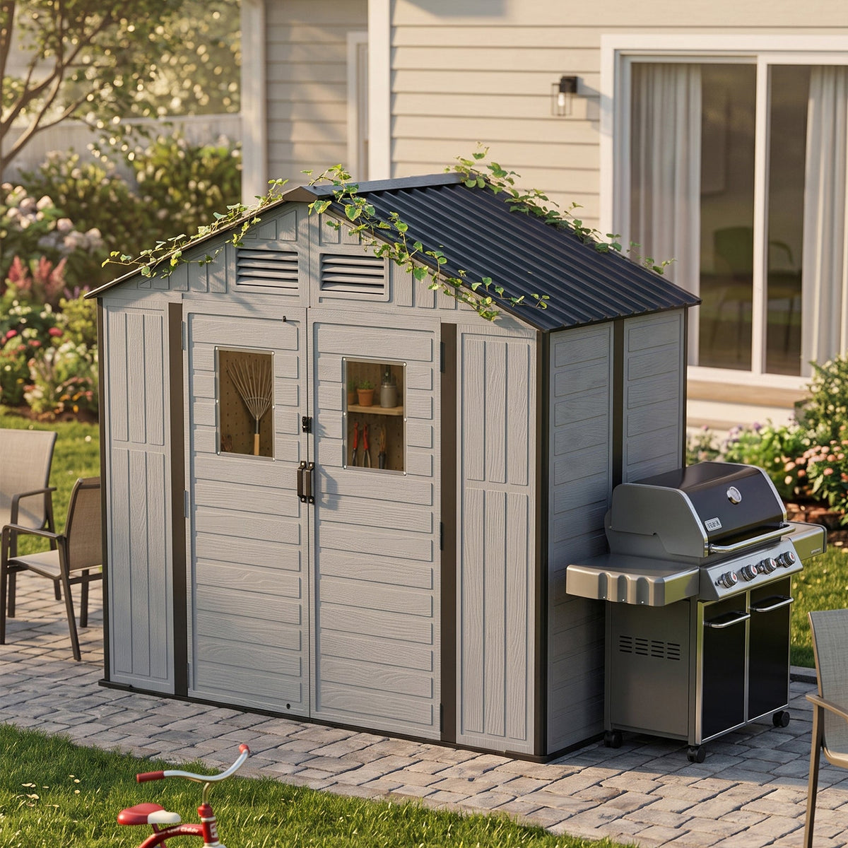 8 x 4 ft Plastic Garden Storage Shed with Apex Roof & Double Doors