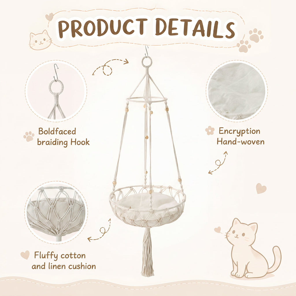 Bohemian Style Handwoven Cat Hammock Cat Bed with Soft Cushion