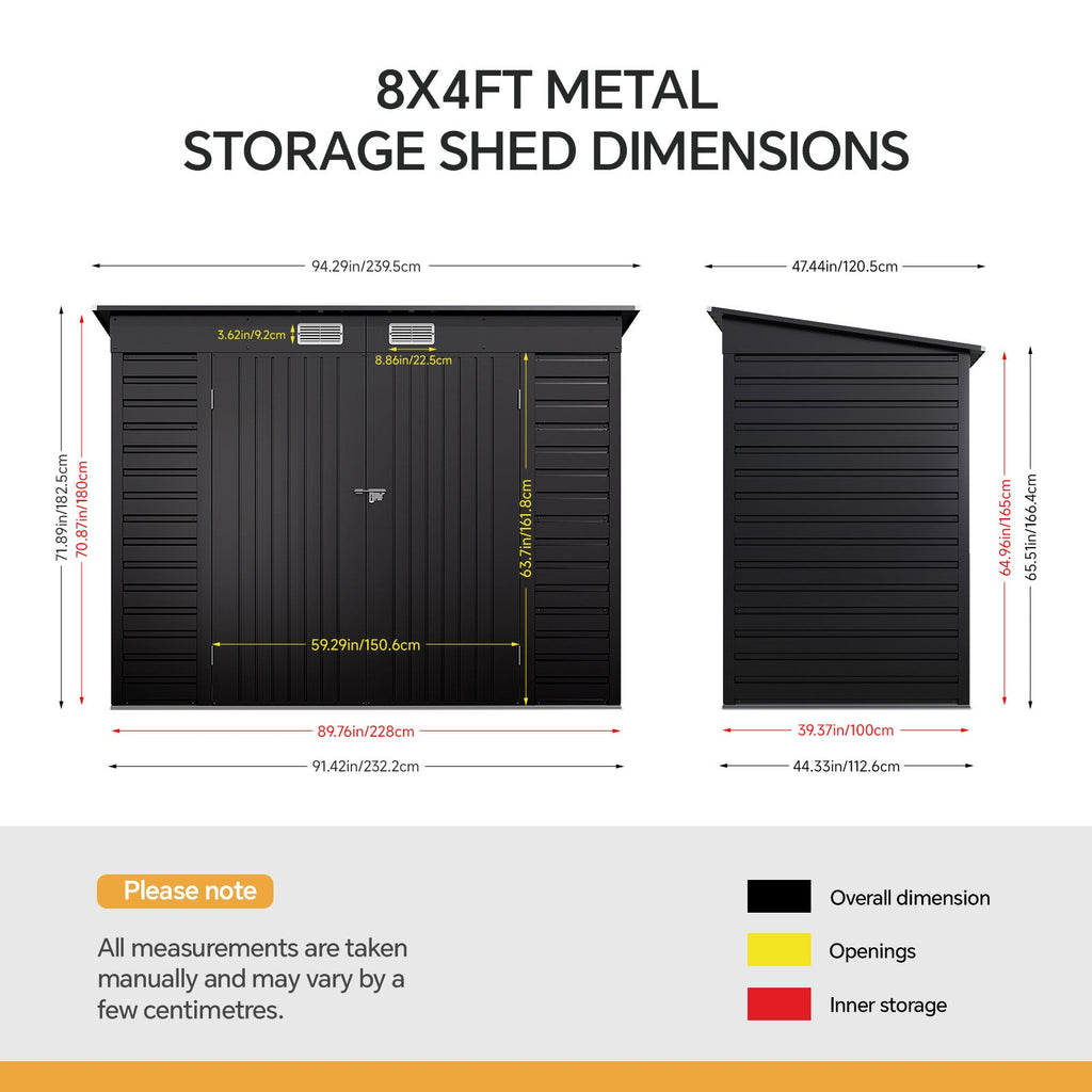 8 x 4 ft Metal Garden Storage Shed with Pent Roof & Lockable Double Doors
