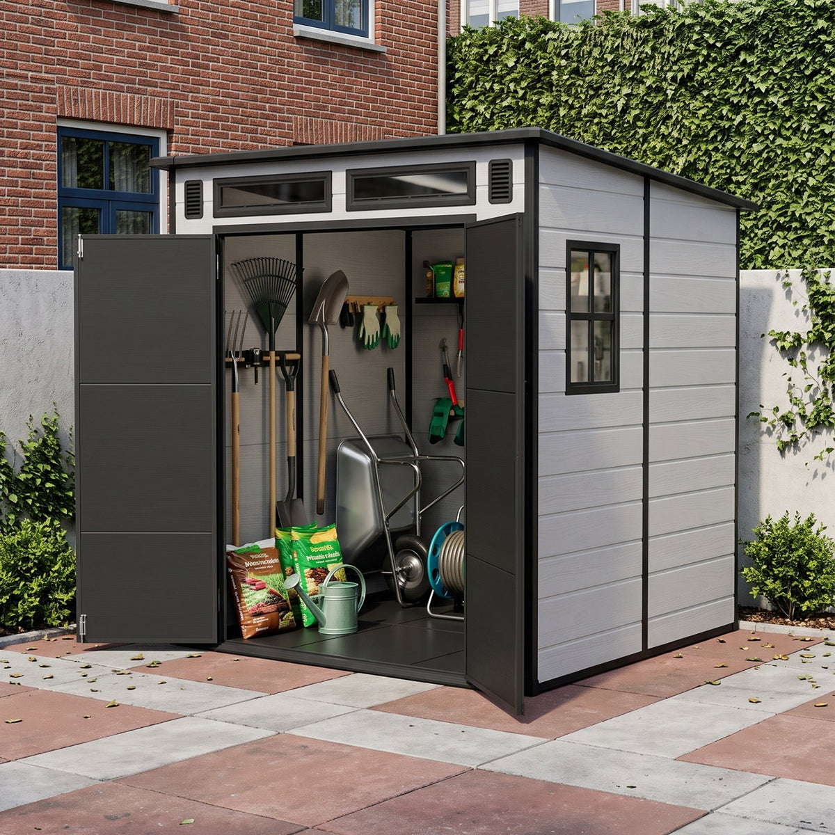6 x 6 ft Plastic Garden Storage Shed with Pent Roof & Padlockable Doors