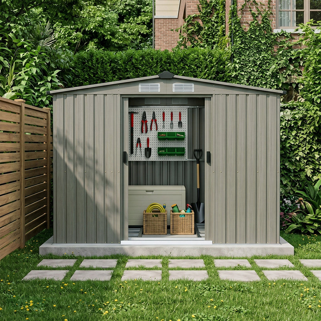 8 x 8 ft Metal Garden Storage Shed with Apex Roof & Sliding Door