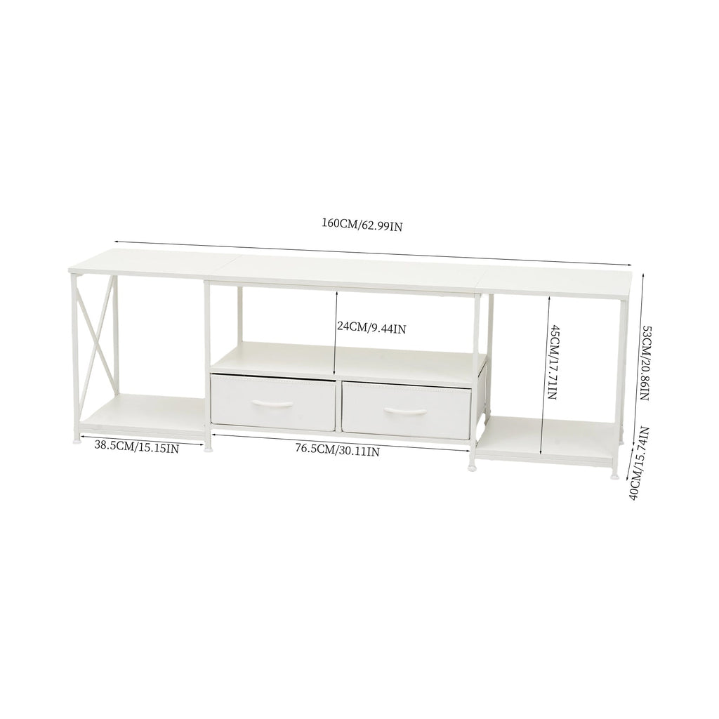 160cm White TV Stand with 2 Fabric Drawers & Open Shelves