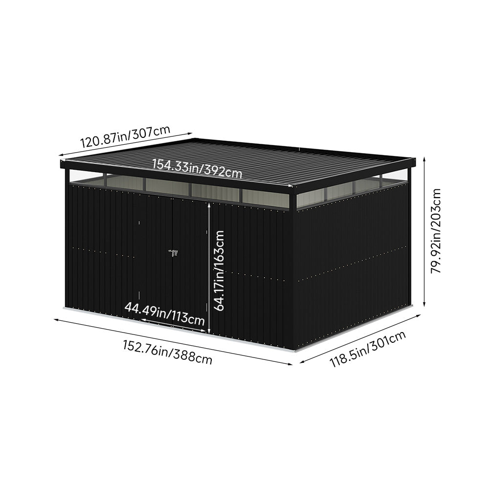 13 x 10 ft Metal Garden Storage Shed with Flat Roof & Padlockable Double Doors