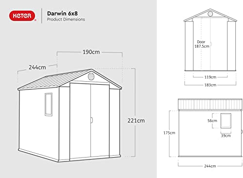 Keter Darwin Outdoor Apex Double Door Garden Storage Shed 6 x 8ft Grey Evotech+ Wood Look and Feel | Fade Free | All Weather Resistant | Safe and Secure | Zero Maintenance | 15 year Warranty