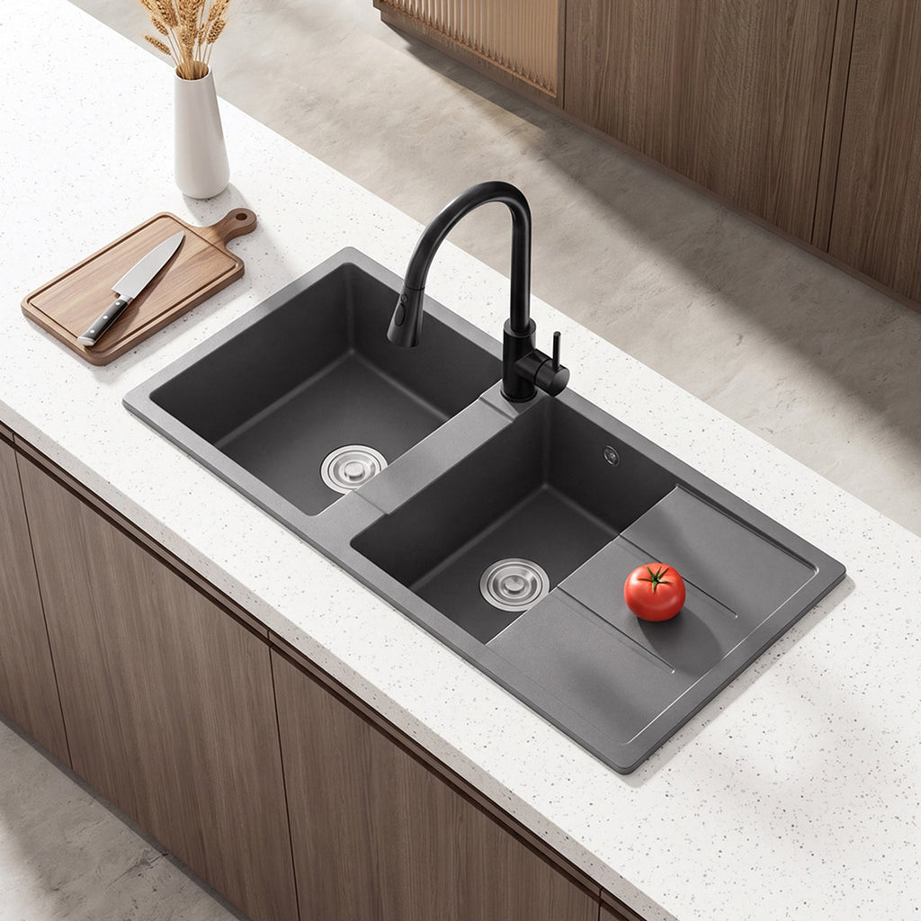 Double Bowl Quartz Resin Composite Kitchen Sink with Waste Kit