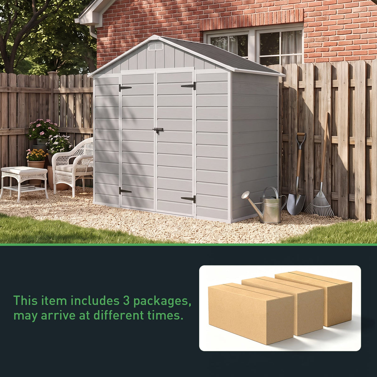 8 x 4 ft Plastic Garden Storage Shed with Apex Roof & Lockable Double Doors