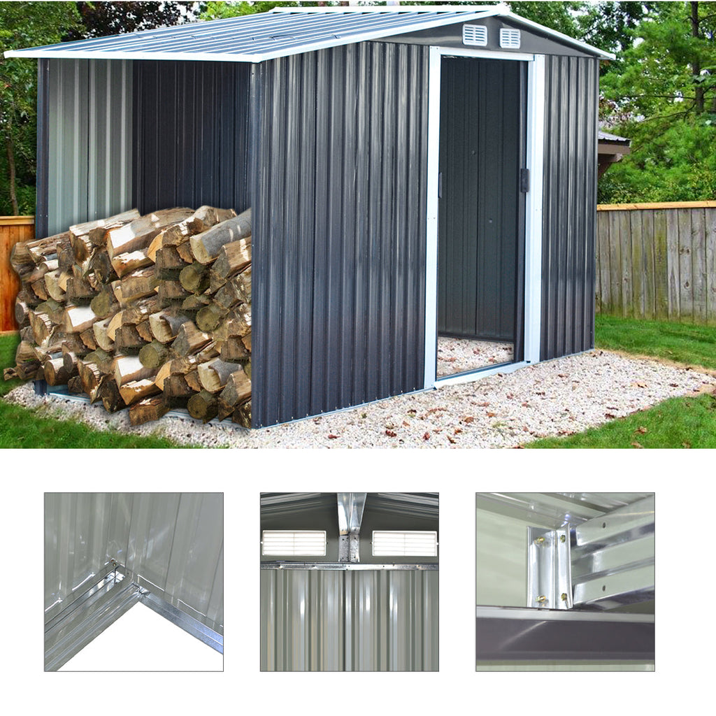 8 x 4 ft Metal Garden Storage Shed with Apex Roof & Integrated Log Store