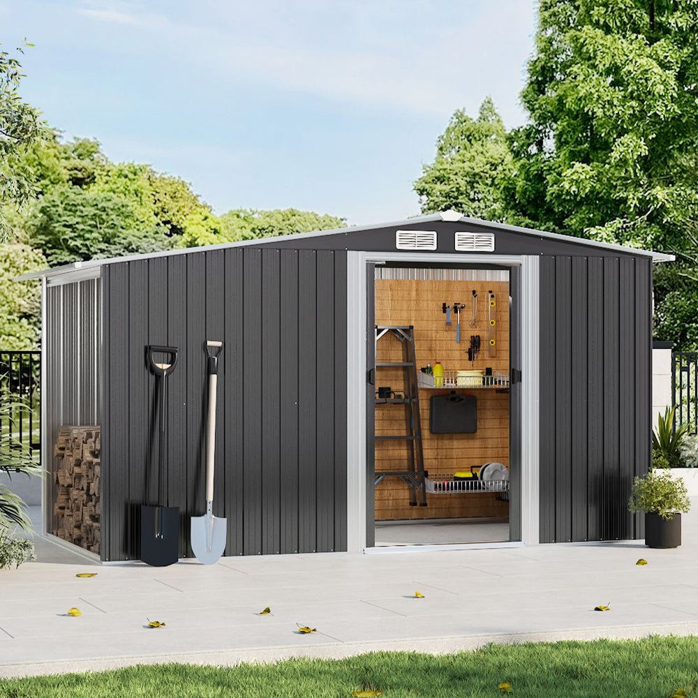 Metal Garden Storage Shed with Apex Roof & Integrated Log Store