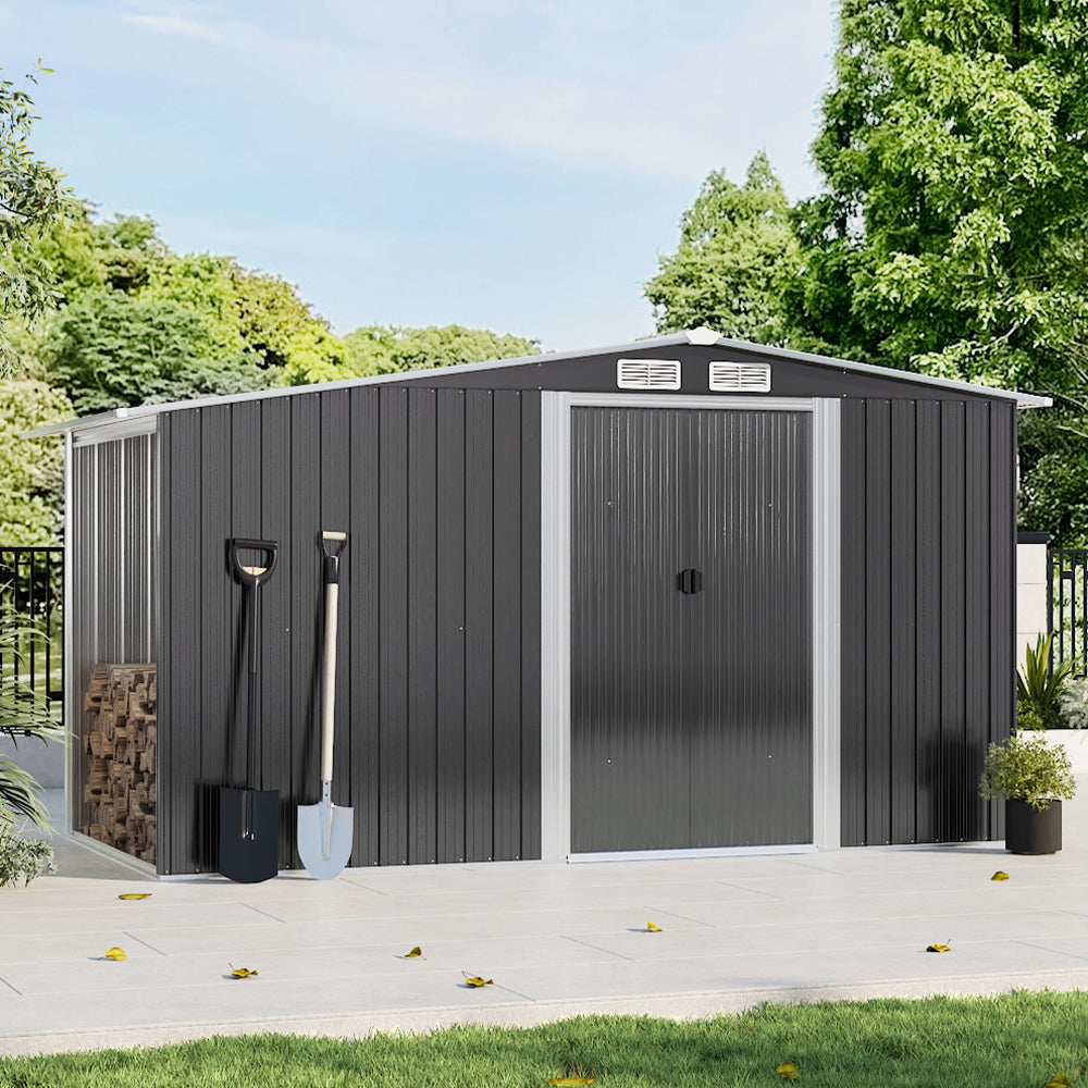 Metal Garden Storage Shed with Apex Roof & Integrated Log Store