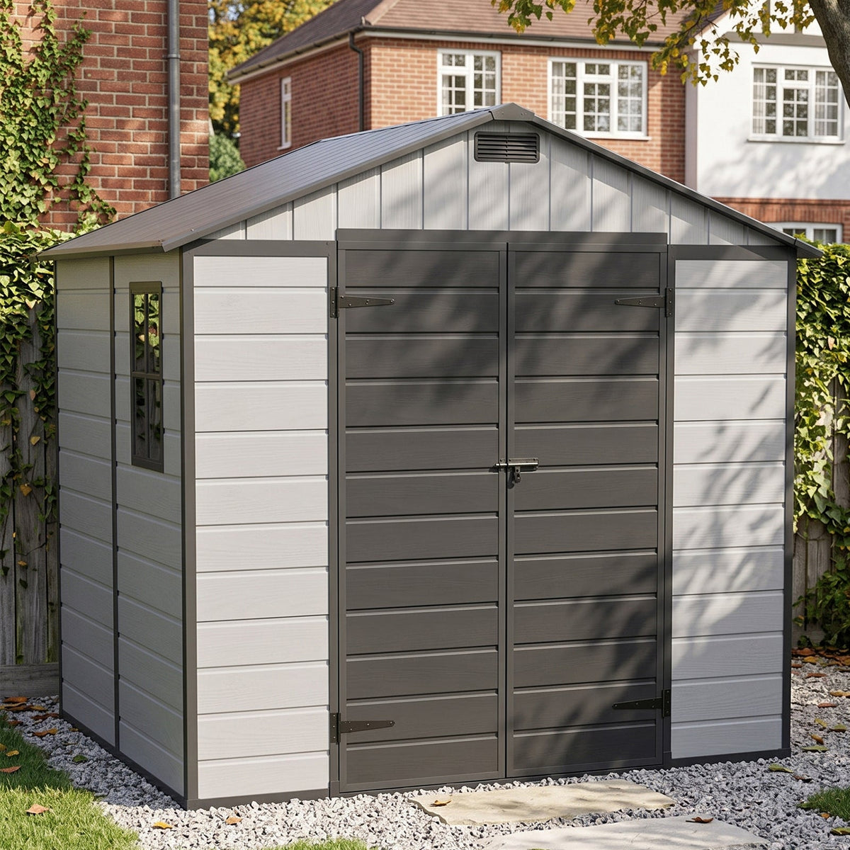 8 x 6 ft Plastic Garden Storage Shed with Apex Roof & Double Doors