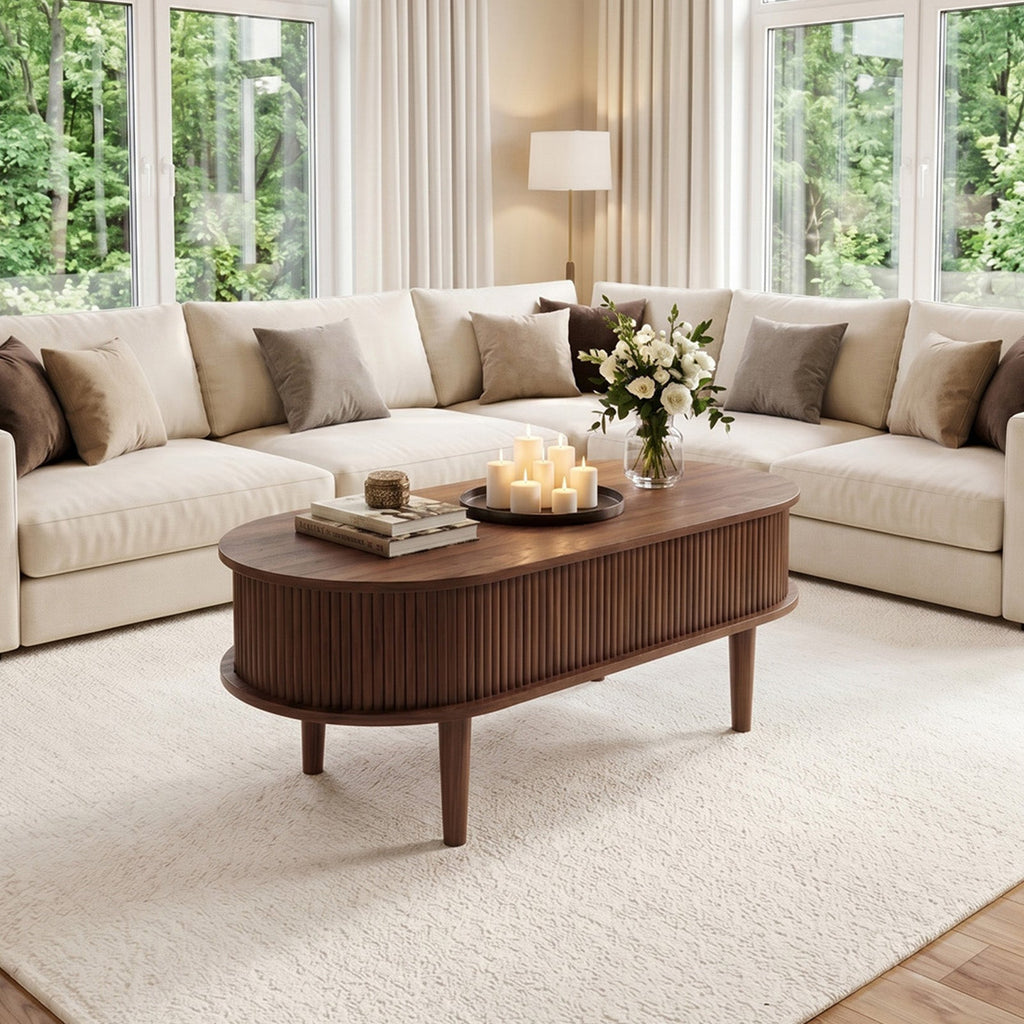 Wooden Oval Lift-Top Coffee Table with Hidden Compartment