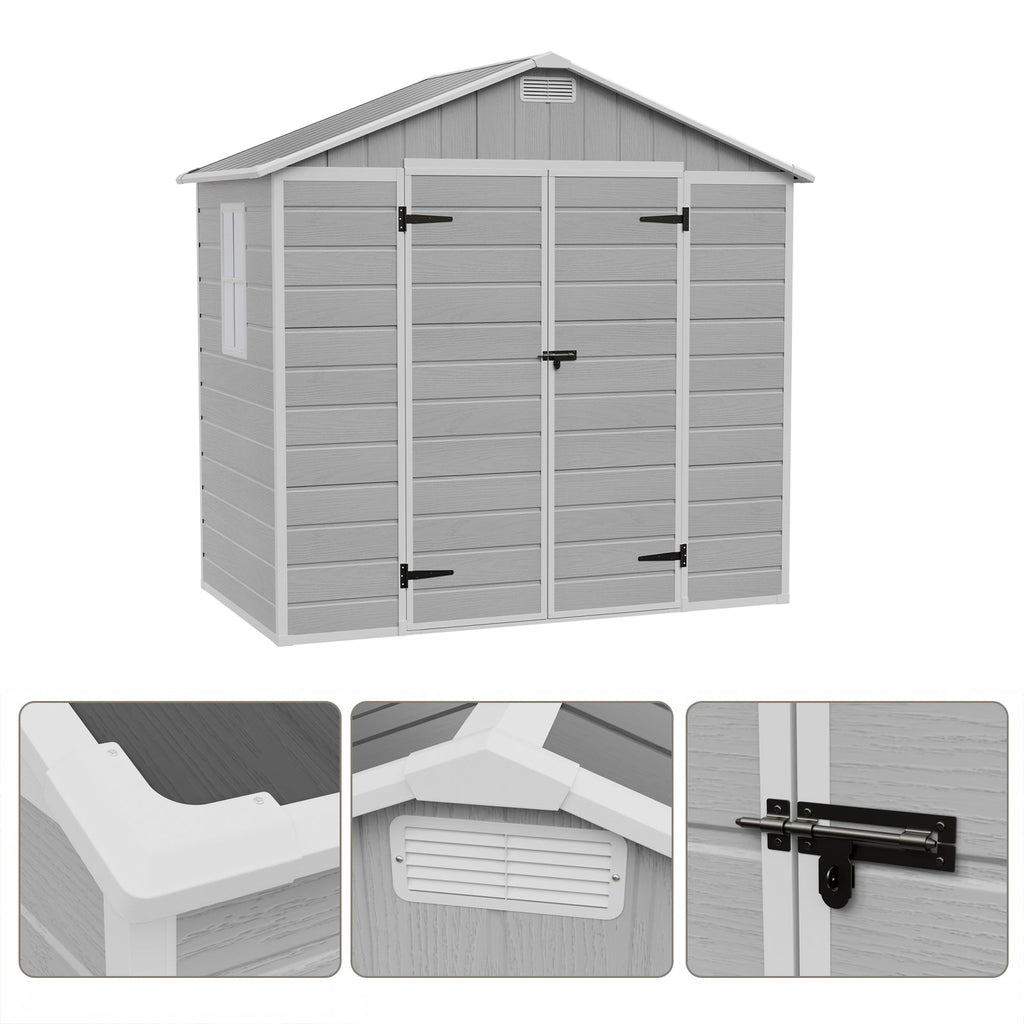 8 x 4 ft Plastic Garden Storage Shed with Apex Roof & Lockable Double Doors