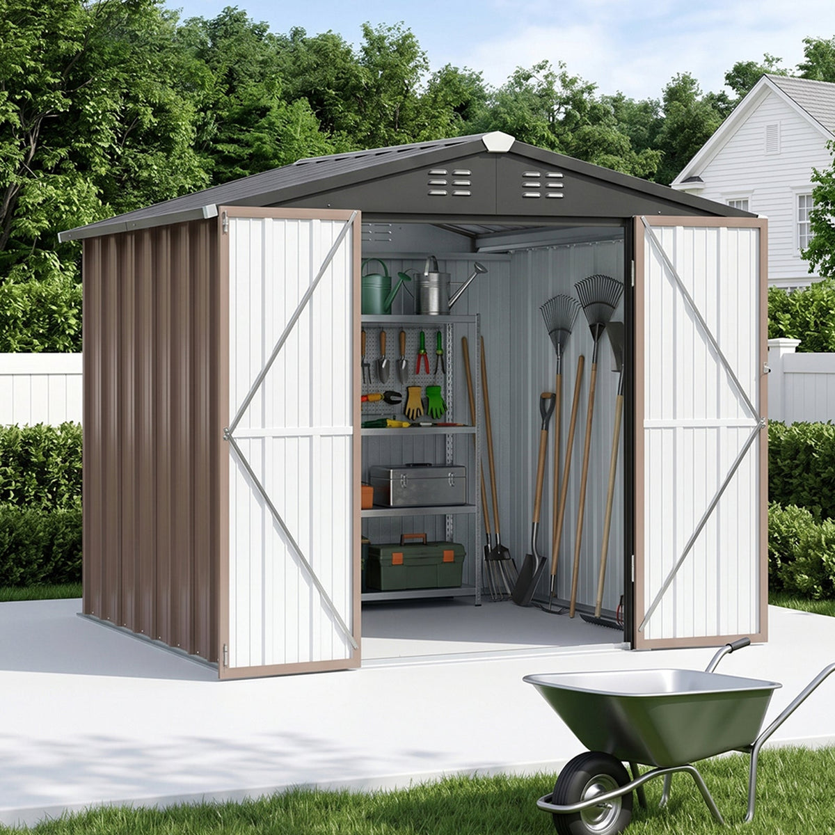 8 x 6 ft Metal Garden Storage Shed with Apex Roof & Lockable Double Doors