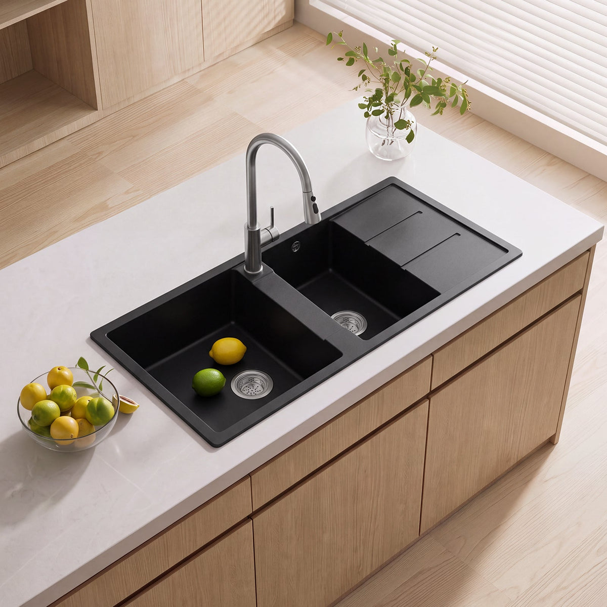 Double Bowl Quartz Resin Composite Kitchen Sink with Waste Kit