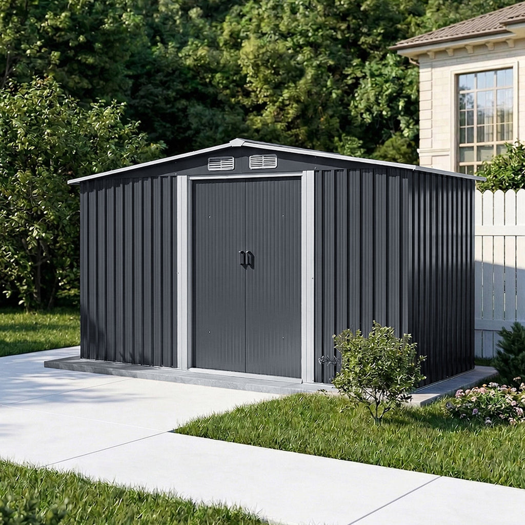8 x 4 ft Metal Garden Storage Shed with Apex Roof & Integrated Log Store