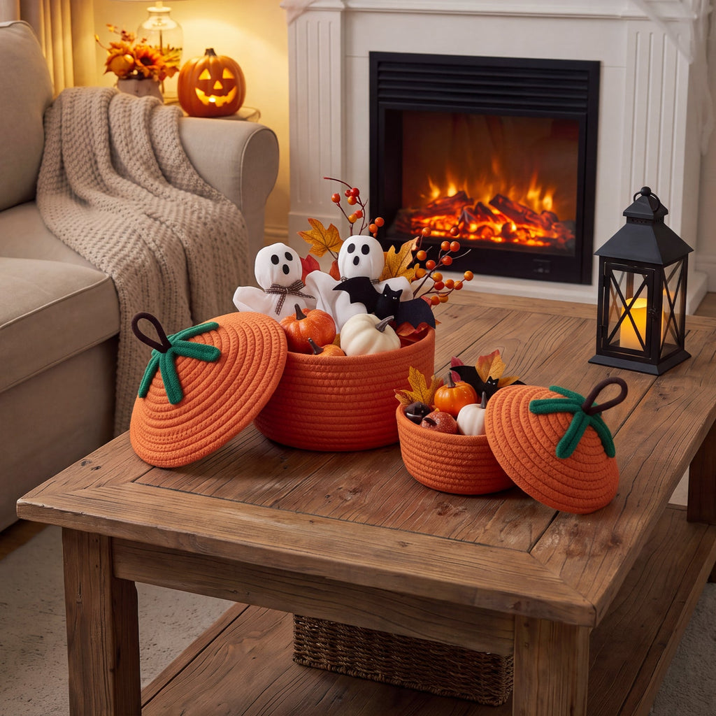 2-Piece Decorative Halloween Pumpkin Woven Baskets with Lids